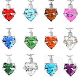 Angel wings forever in your heart Crystal Heart Memorial Jewelry Stainless Steel Cremation Urn Pendant Necklace ashes keepsakes