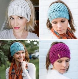 New Women Ponytail Beanies Hand Made Back Hole Pony Tail Knitted Hats Winter Warm Crochet Skull Beanie 6 Colours