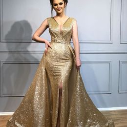 Golden Sequined Detachable Prom Dresses V-Neck Sleeveless Side-Split Mermaid Evening Dresses Sparkly Sexy Floor Length 2018 Prom Dress