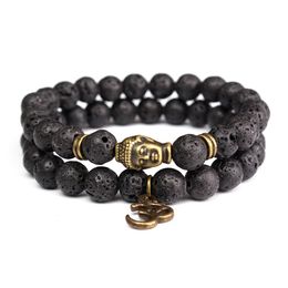 2pcs/lot Natural 8mm Lava Stone Beads Bracelet Black Onyx Tibetan Buddha Strand Bracelets For Men New Design Yoga Jewelry