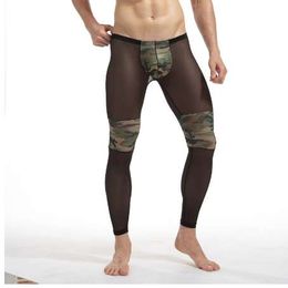 Men's Fashion Sexy Transparent Camouflage Tights Breathable Bodybuilding sheer Mesh full length pants legging long john gay
