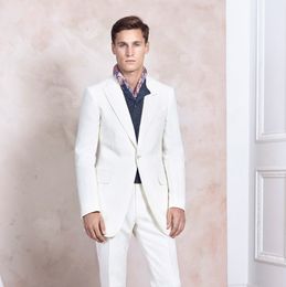 Men Suits White Peaked Lapel Evening Dress Wedding Suits Bridegroom Custom Made Slim Fit Simple Tuxedos Best Man Blazer Prom Party 2Piece