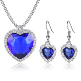 Charming Women Jewellery Set 18k White Gold Plated Crystal Blue Occean Heart Earrings Necklace for Girls Women for Wedding Party NL-644