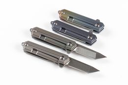 FedEx Free shipping 4 Handle Colors Mini Flipper Folding Knife D2 Tanto Satin Blade CNC TC4 Titanium Alloy Handle With Necklace Chain