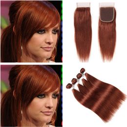 #33 Dark Auburn Virgin Peruvian Human Hair 4 Bundles with Closure Straight Copper Red 4x4 Lace Closure Piece with Weaves Extensions 5Pcs Lot