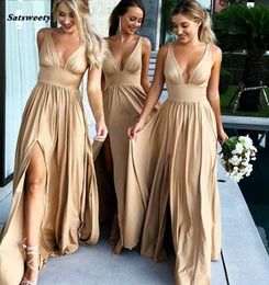 Sexy Side Split V-neck Champagne Gold Bridesmaid Dresses Long Elegant Dress Women For Wedding Party Plus Size Bridesmaid Dresses