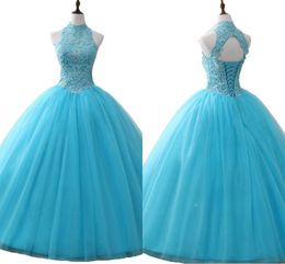 High Neck Quinceanera Dresses Floral Embroidered Beaded Crystal Ball Gown Prom Dress Sweet 16 Dress Backless Cheap Graduation Dresses