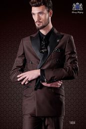 New Fashion Brown Satin Groom Tuxedos Excellent Groomsmen Blazer Double-Breasted Slim Fit Men Business Party Prom Suit((Jacket+Pants+Tie)