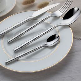Stainless Steel Bamboo Cutlery Set Tableware Dinnerware Mirror Polish Silver Cutlery Dinner Knives Forks Free Shipping QW6984