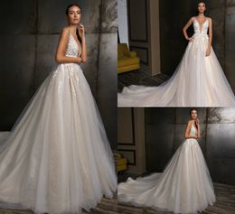 Crystal Design Bohemian Wedding Dresses V Neck Lace Sweep Train Appliques Beads Beach Wedding Dress Custom Made Plus Size Bridal Gowns