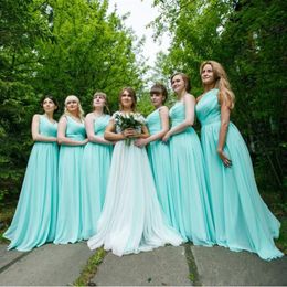 Green New Mint Pink Beach Bohemian Chiffon Bridesmaid Dresses V Neck Sweep Train Pleats Maid Of Honor Dress Cheap Formal Gowns Boho