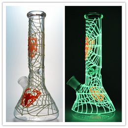 Glowing in Dark Bong Glass Beaker Bongs Cobweb Dab Rig Spider Bongs Luminous Oil Rigs Downstem Perc Waterpipes GID02 In Stock