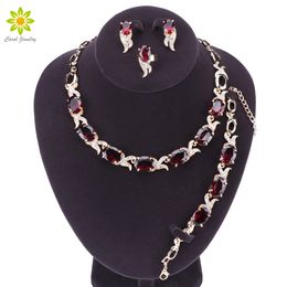 Gold Plated Bridal Crystal Jewellery Set For Women Unique Round Red Stones Bracelets/Earrings/Pendant/Necklace/Ring