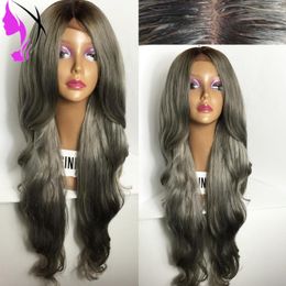 Free shipping body wave Two Tone Ombre 1b /dark grey brazilian Hair Lace Front Wig Synthetic African American Ombre Wigs