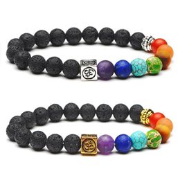 8mm Black Lava Stone Essential Oil Diffuser Bracelet Square OM 7 Chakra Beads Women Men Fashion Yoga Buddha Bracelets Jewellery Gift