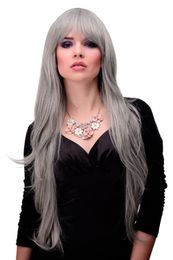 Long Wavy Wig Beautiful Fringe Grey Hair Wigs 80cm