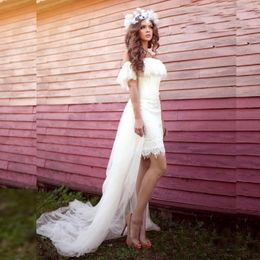 2019 Fairy Short Beach Wedding Dresses Off the Shoulder Lace Tulle Bohemian Sheath Bridal Gowns with Detachable Train Cheap High Quality