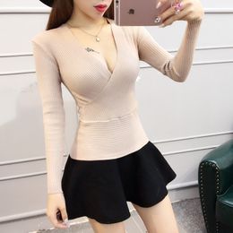 New spring fashion Women's sexy deep v-neck long sleeve thread knitted tunic bodycon sweater tops solid Colour