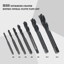 Freeshipping 7Pcs M3-M12 HSS Nitriding Coated Metric Spiral Flute Taps Machine & Manual Screw Thread Tap Set for Metal Wood Plastic Tapping