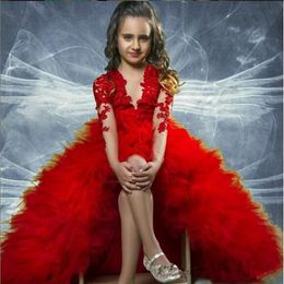 Girls Pageant Dresses For Teens Dark Red Lace Appliques Long Sleeves High Low Tiered Ruffles Size 13 Party Children Flower Girl Gowns
