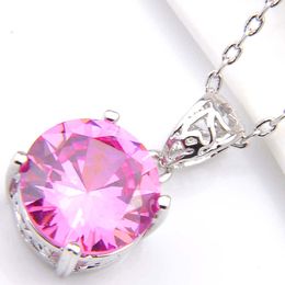10Pcs Luckyshine Excellent Shine Circular Fire Pink Topaz Cubic Zirconia Gemstone Silver Pendants Necklaces for Holiday Wedding Party