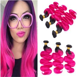 Body Wave #1B/Hot Pink Ombre Virgin Brazilian Human Hair Weave Extensions Black and Hot Pink Ombre Human Hair Bundles Deals 3Pcs Lot
