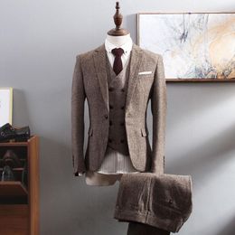 Winter Fashion Brown Tweed Groom Tuxedos Excellent Men Wedding Tuxedos Men Formal Business Prom Party Suit (Jacket+Pants+Tie+Vest) 1834