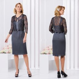 Grey Two Pieces Mother Of The Bride Dresses With Jackets Plus Size Elegant Knee Length Lace Madre De Los Vestidos De Novia