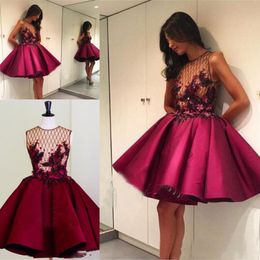 Dark Red Short Prom Dresses Sheer Neck Sleeveless Evening Gowns Cocktail Formal Party Homecoming Dress Cheap Custom Made