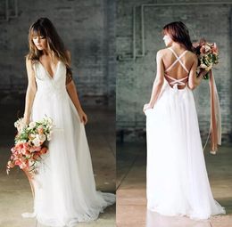 Elegant Beach Boho Wedding Dresses 2017 Lace Bridal Gowns Criss Cross Backless Wedding Party Gowns V Neck Plus Size Wedding Bridal Gowns