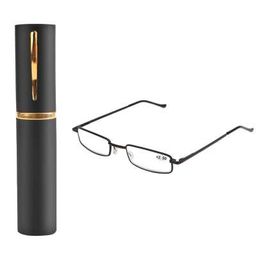 1PC Unisex Stainless Steel Frame Resin Reading Glasses 1.00-4.00 With Tube Case -Y107