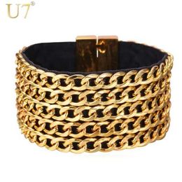 U7 Hip Hop Big Leather Bracelet Men Jewellery Trendy Gold Colour Cuban Link Chain Mens Bracelet Rock Style H747