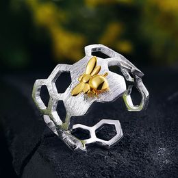 Real 925 Sterling Silver 18K Gold Bee Rings Natural Fine Jewellery Home Guard Honeycomb Open Ring for Women