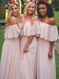 Charming Light Pink Off Shoulder Boho Bridesmaid Dresses Long Backless Chiffon Wedding Dress Guests Party Dress For Bridesmaids Bridal Gowns