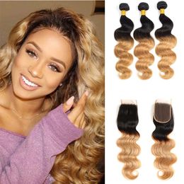 Ombre Human Hair Bundles with Closure Two Tone 1B/27# Brazilian Body Wave Human Hair Extensions with 4*4 Lace Closure for black women