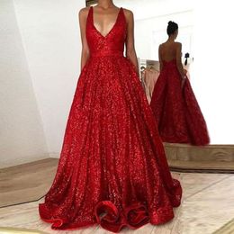 Red Sequins Ball Gown Prom Dresses Deep V Neck Spaghetti Straps Sequin Floor Length Backless Formal Dresses Sexy Evening Gowns Prom Dresses