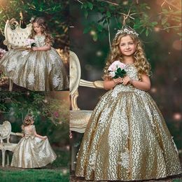 Sparkly Golden Sequine Pageant Dress Lace Applique Sleeveless Ball Gown Toddler Birthday Dresses Lovely Flower Girl Dress For Weddings