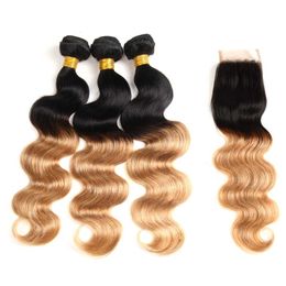 Coloured Brazilian Hair 3 Bundles With 4*4 Lace Closure Body Wave 1B 27 Ombre Blonde Human Hair Weaves Extension Best Selling Items