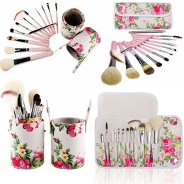 White Rose Flower Makeup brushes 12 Pcs Sets Goat Hair Foundation Powder Contour Multipurpose Make up brush with bag cases or cup holder