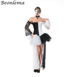 Beonlema Sexy Corset Dress Transparent Lace Long Sleeves Korse Waist Bustier Black White Adult Tutu Mesh Skirt Ball Dress