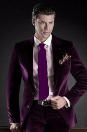 Brand New Purple Velvet Men Wedding Tuxedos High Quality Groom Tuxedos Notch Lapel Two Button Men Blazer 2 Piece Suit(Jacket+Pants+Tie) 1760