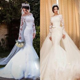 Trendy Long Sleeve Arabic Mermaid Wedding Dresses Detachable Skirt Sexy Lace African Plus Size Country Bridal Gown Church Bride Dress Custom