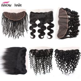 Ishow 13x4 Lace Frontal Closure 12-24inch Body Wave Loose Deep Water Straight Hair for Women Girls All Ages Brazilian Malaysian Peruvian Natural Black