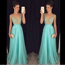 Formal Evening Dresses Crystal A Line Long Chiffon Prom Dresses Sexy Beads Cap Sleeves Party Gowns With Illusion V Neck Evening Gowns mm19