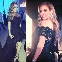 2023 Sexy Lace High Low Black Prom Dresses Off The Shoulder Beaded Applique Lace-up Back Arabic Dresses Party Evening Celebrity Dress