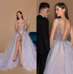 2019 Sexy Split Side Evening Dresses Sequined Sheer Deep V Neck Backless Prom Gowns Beaded Plus Size Tulle Formal Party Dress