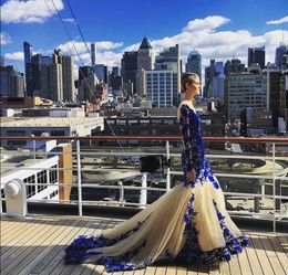 2018 New Arrival Long Sleeve Royal Blue Lace Evening Dresses sheer illusion crew applique Mermaid Tulle Prom Gowns 2017 Newest