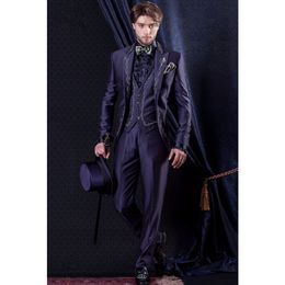 2018 Slim Fit Embroidery Groom Tuxedos Bespoke Purple Wedding Men Suit Performance Prom Mens Suits Blazers (Jacket+Pants+Vest)
