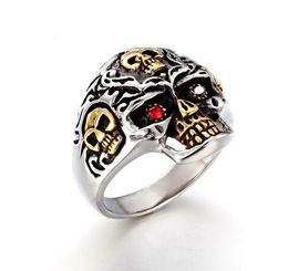 Punk Rock Men's Solid Skull Ring Gothic Biker Rider Red Eyes Stone Ring Vintage Stainless Steel Skeleton Finger Band Rings Men Jewelry
