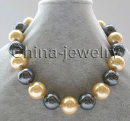 18" 16mm perfect round gold & black south sea shell pearl necklace - GP clasp